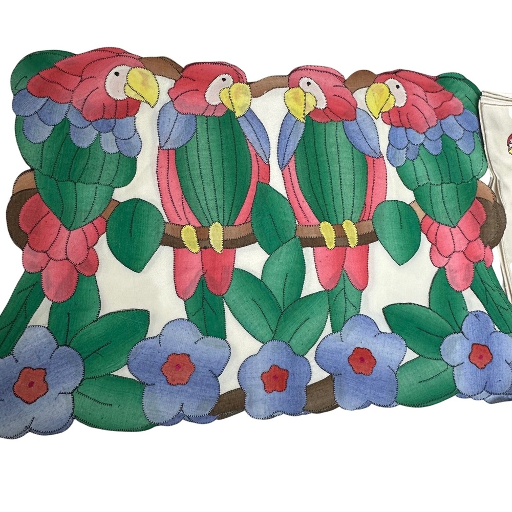 Vtg Linen Galore St Maarten Applique Parrot placemat & Napkins Set New Old Stock